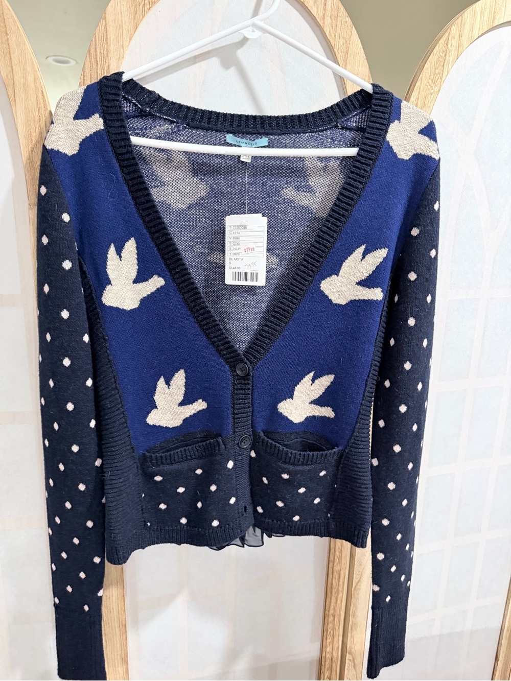Anthropologie Navy and Cream Bird Motif V-Neck Cardigan